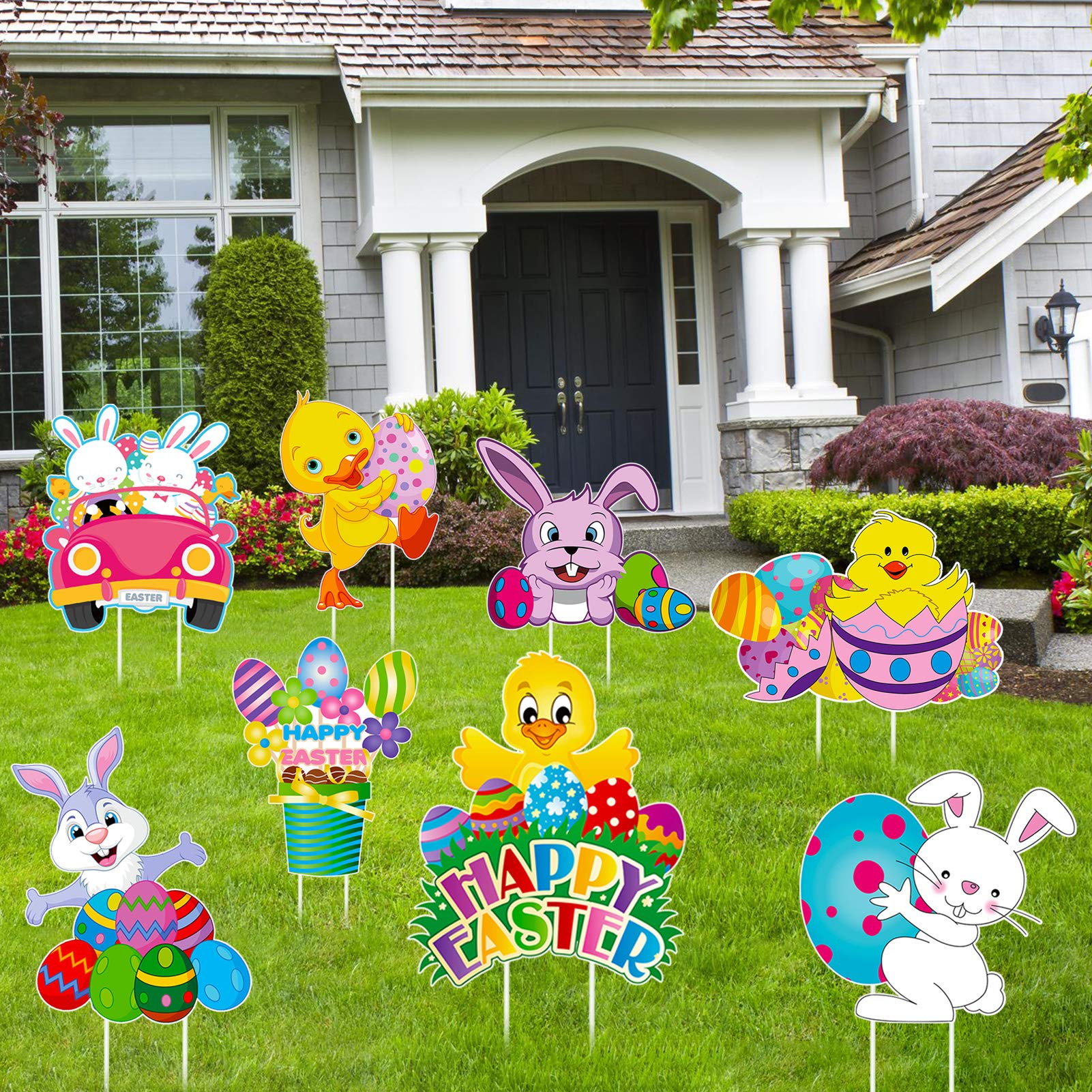 HOWAF Easter Yard Sign Decorations for Easter Garden Outdoor Decor, 8pcs Easter Lawn Sign with Stakes for Easter Game Activities Decorations Party Props, Happy Easter Egg Bunny Chick Duck Yard Sign