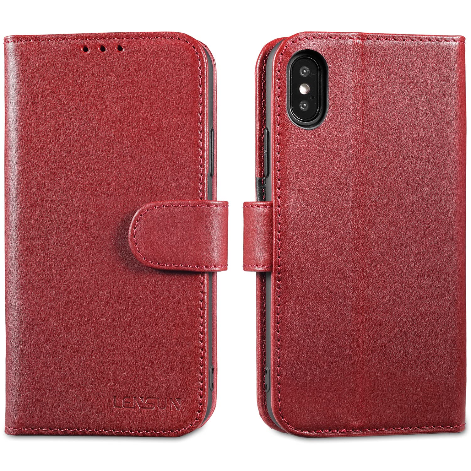 LENSUN Case for iPhone X and iPhone XS, Genuine Leather Flip Wallet Phone Cover Folio [RFID Blocking] with Card Holder and Magnetic Closure Compatible with iPhone X/XS - Wine Red