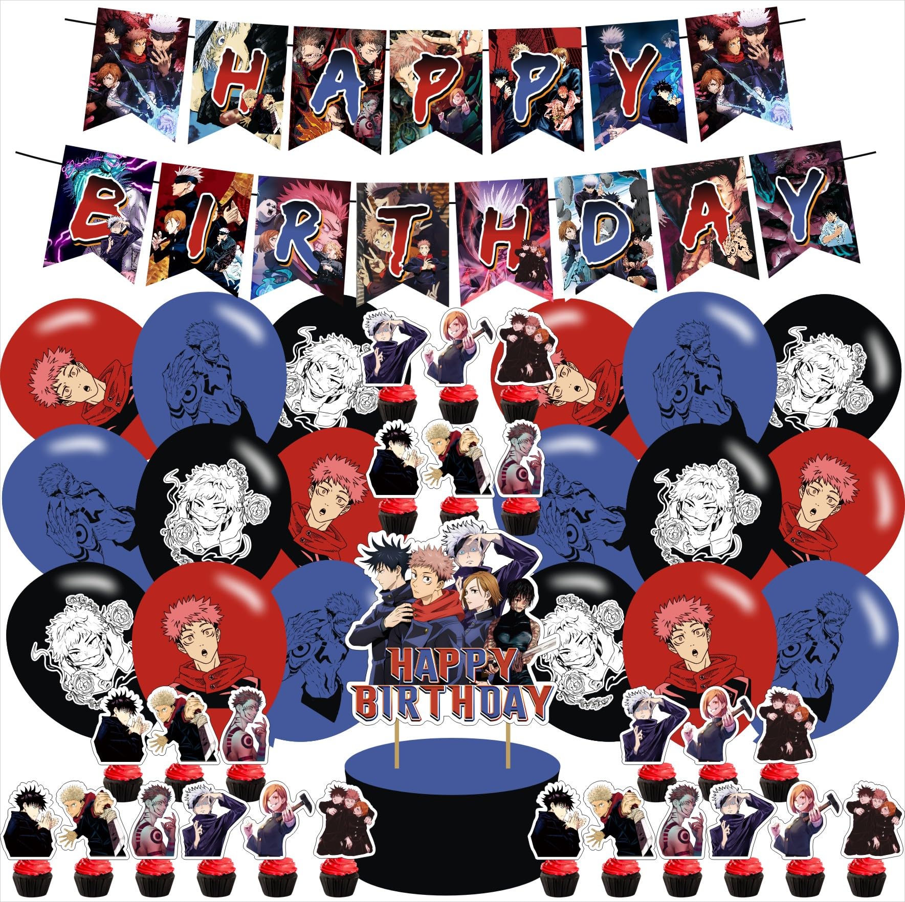 Photo 1 of Jujutsu Manga Kaisen Birthday Party Supplies, including Cake Topper, Cupcake Toppers, Banner, Latex Balloons,It is Very Suitable for Boy's and Girl Anime Themed Birthday Party Supplies., Black