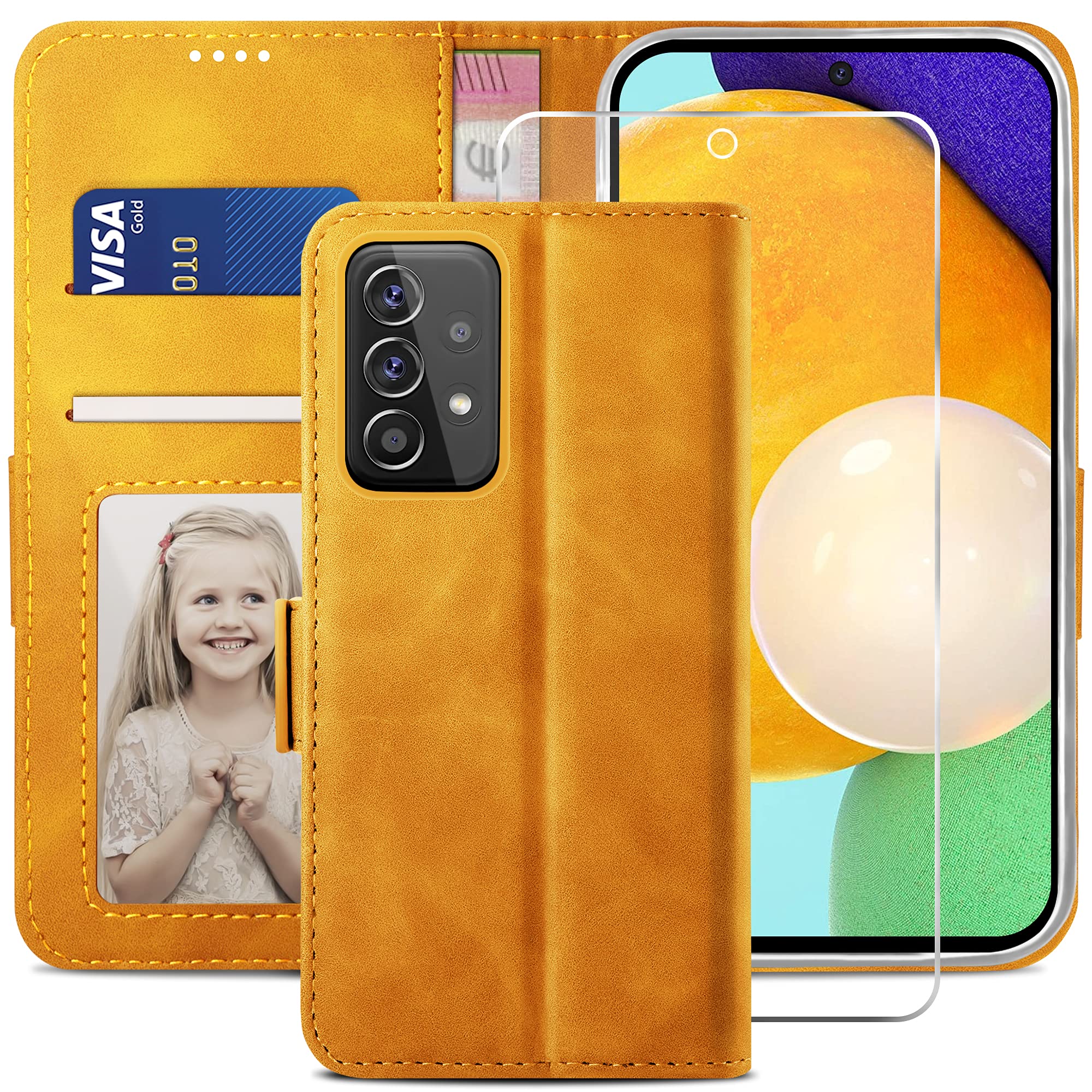 YATWIN Compatible with Samsung Galaxy A52s/A52 5G Case, Flip Wallet Leather Case with Tempered Glass Screen Protector and Card Slot Kickstand Phone Cases Cover for Samsung A52s/A52 5G - Orange — image 1