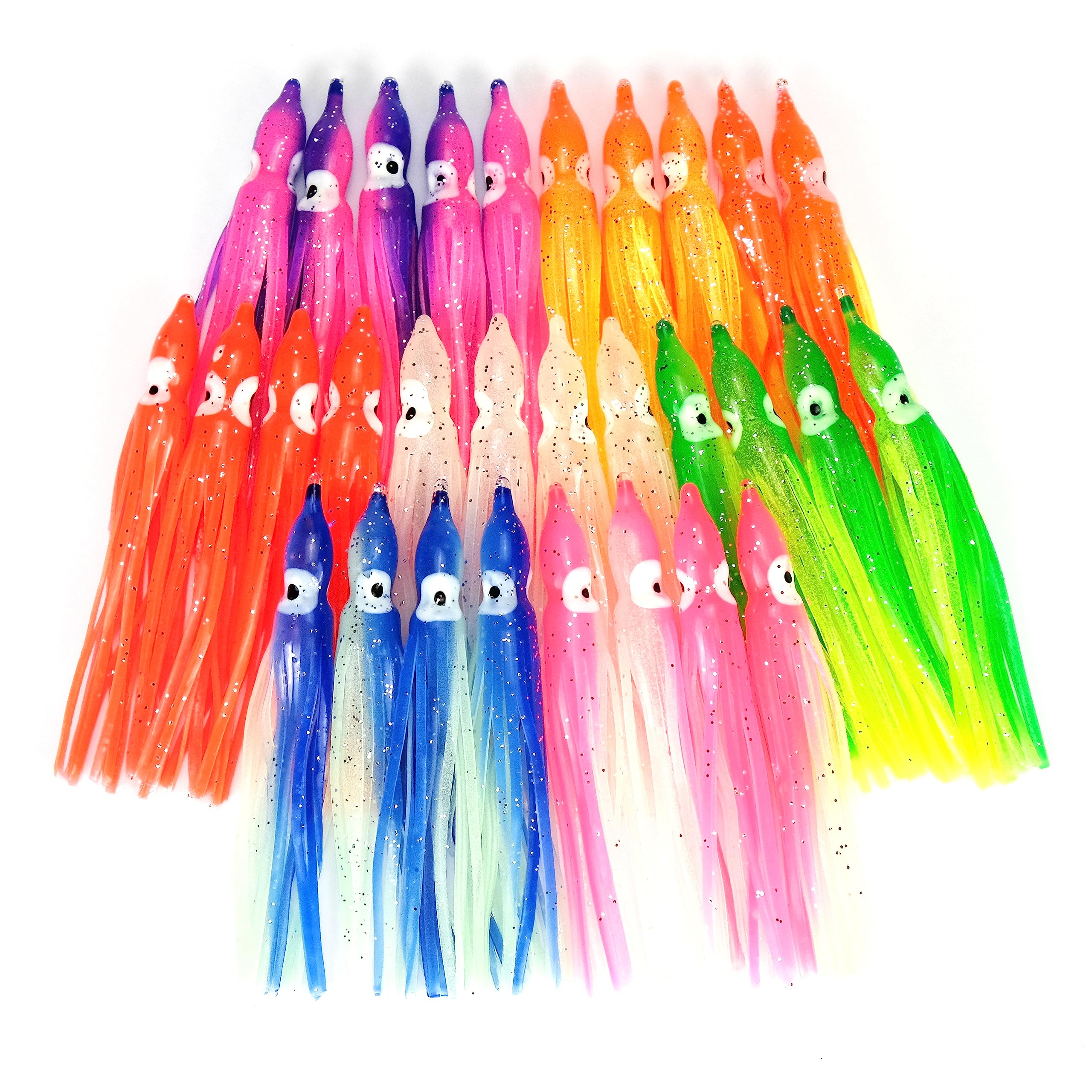 Piscorush Luminous Octopus Squid Skirts Trolling Lures Soft Plastic Fishing Lures Set Saltwater Bait Lures Multicolored 2'' - 6'' (7 Colors Set/30Pcs, 4.7'')