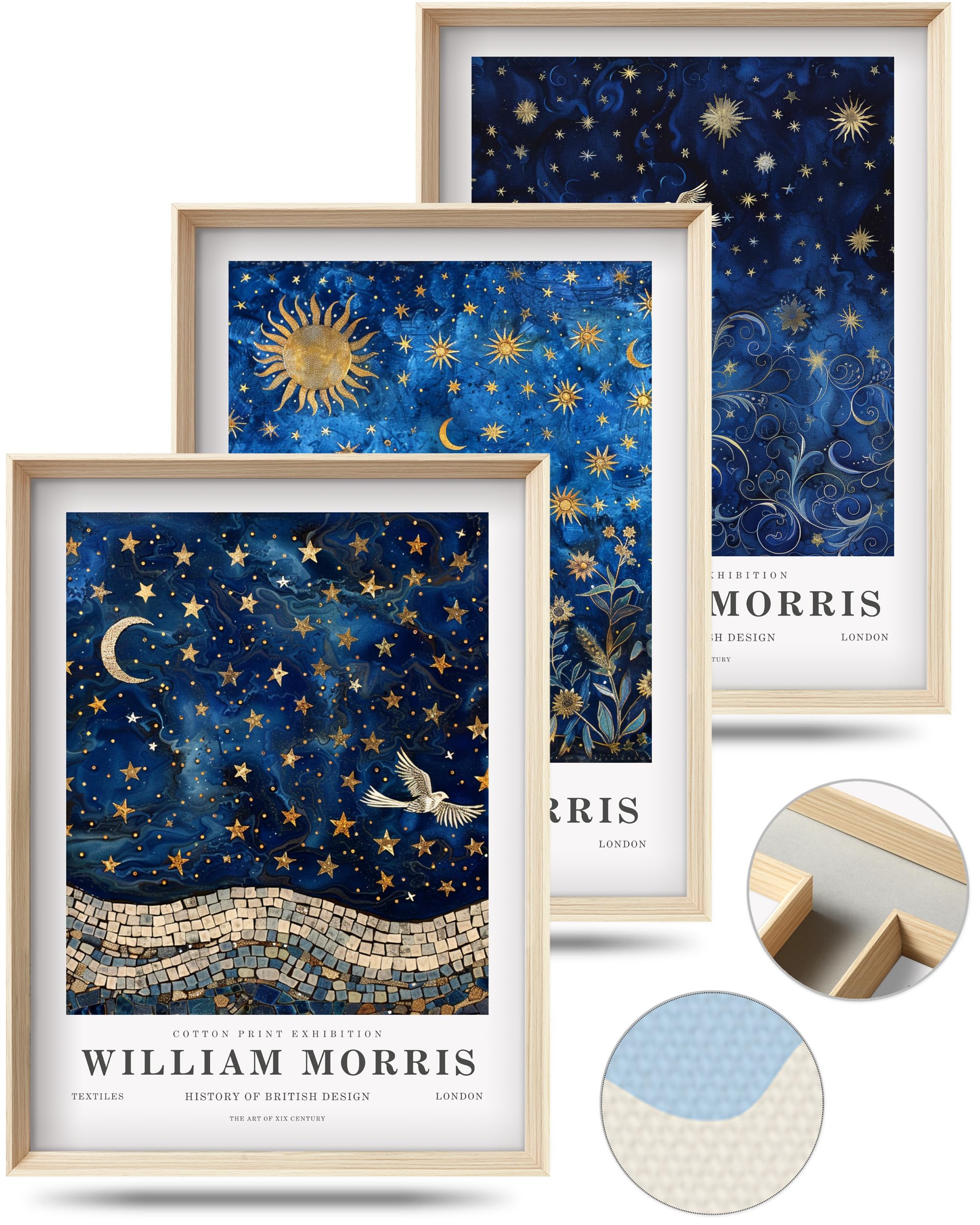 Photo 1 of HesenDot Framed William Morris Moon and Stars Canvas Wall Art,Vintage Wall Art Prints Painting,16x12IN High Framed Design Prints,Textile Art Decor for Living Room,Bedroom,Gallery,Office Set of 3