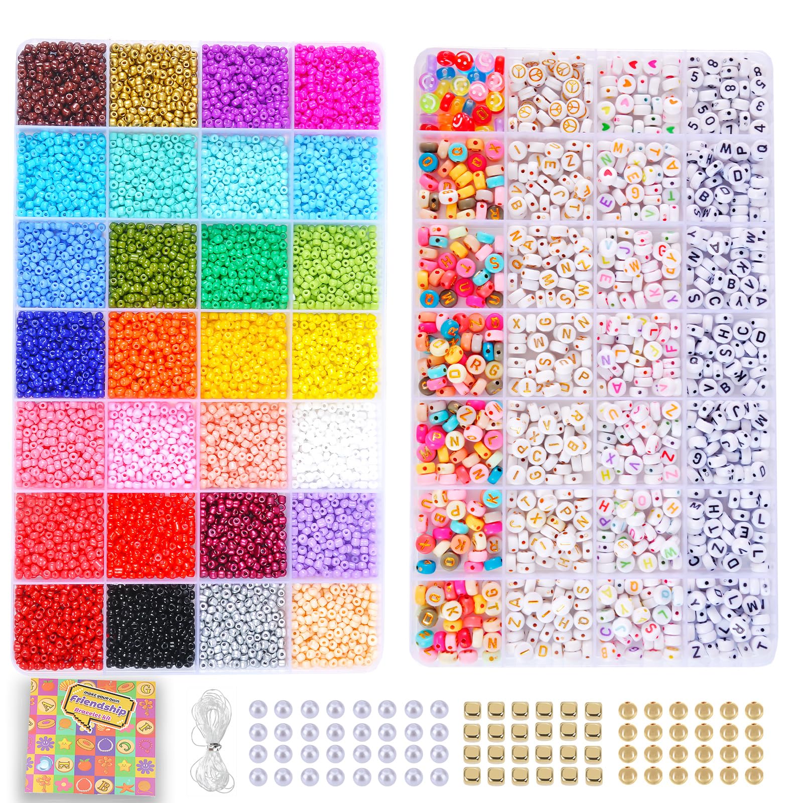 Friendship Bracelet Making Kit - 2 Box Set With Glass Beads, Letter Beads, Gold Spacers, and String - DIY Jewelry Making Set With 28 Colors - Great for Friendship Bracelets