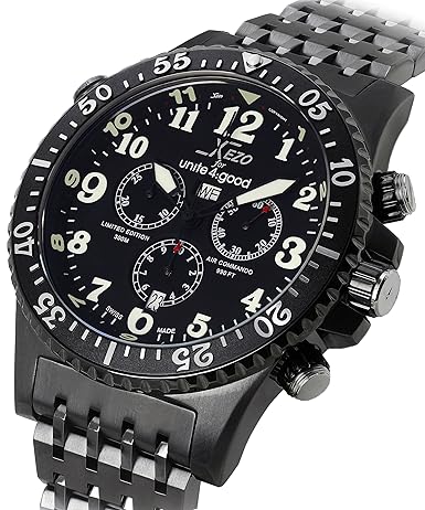 Xezo Mens Diver Pilot Professional Swiss Made Chronograph 2nd Time Zone 300 M WR Watch