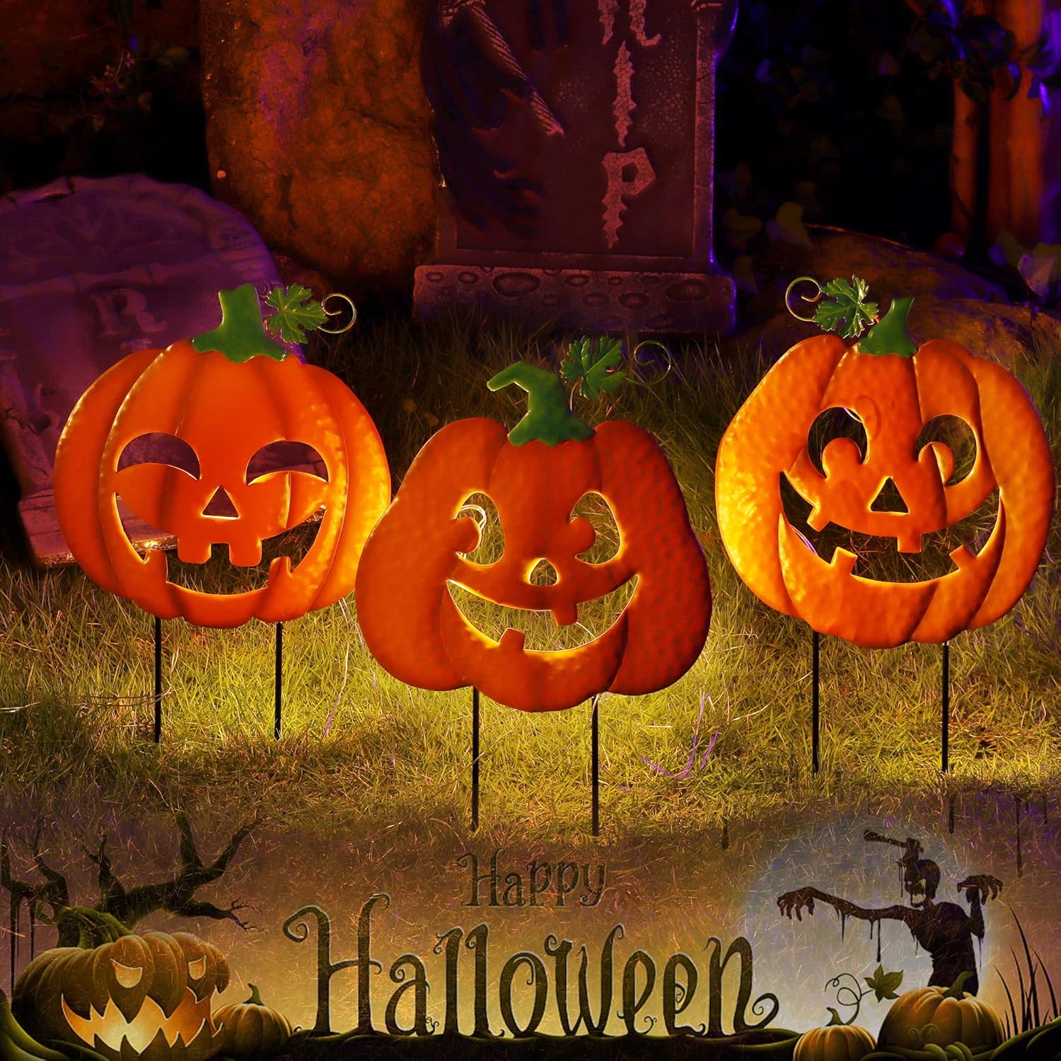 Decorative Garden Stakes - Juegoal 3 Pack Halloween Lighted Pumpkin Garden Stakes, Metal Jack-o-Lantern Light Up Outdoor Decor, Halloween Yard Signs with Battery Powered & Timer, Decorative Pumpkins Figurine for Lawn Pathway