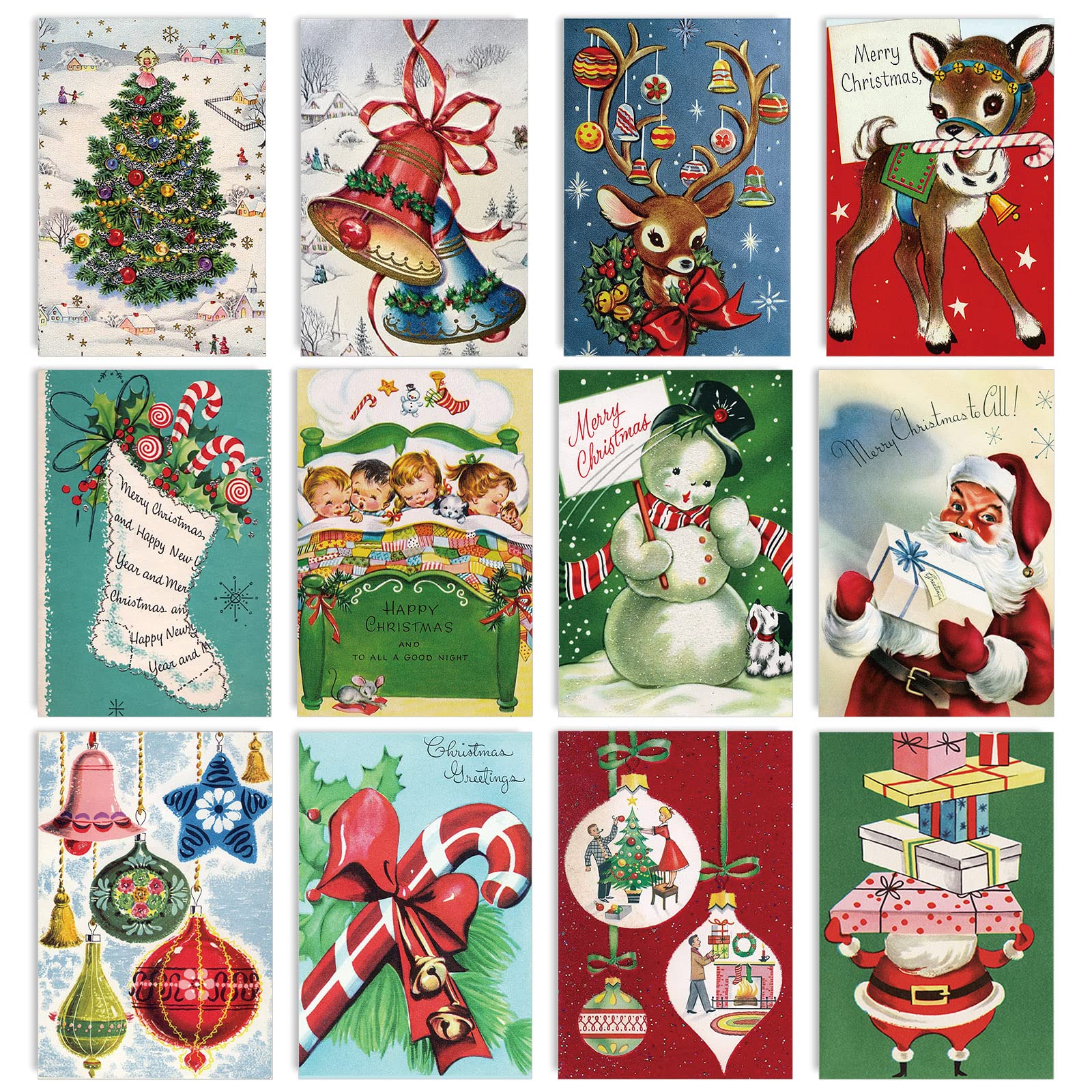 AnyDesign 48 Pack Christmas Holiday Greeting Cards Assortment Vintage Watercolor Christmas Blank Note Cards with Sealing Stickers Envelopes for Xmas Party Invitation, 12 Design, 4 x 6 Inch