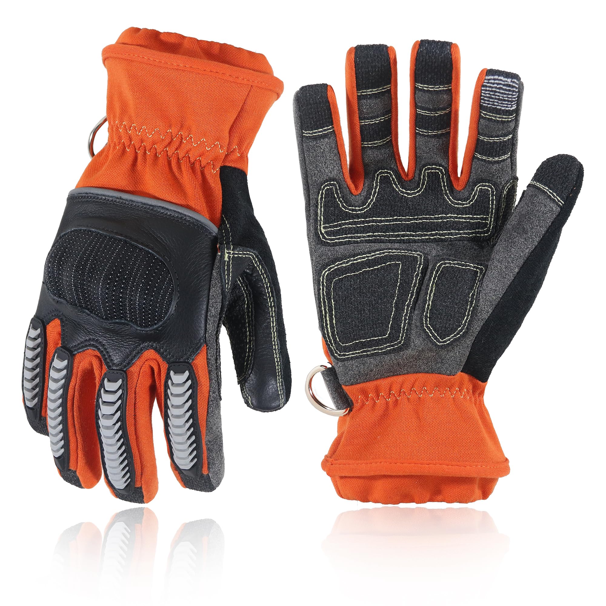 HANDLANDY Firefighter Rescue & Extrication Gloves, Heavy Duty Impact Work Gloves, Heat & Flame Resistant, Cut Resistant Touchscreen Safety Gloves (Orange, XL)