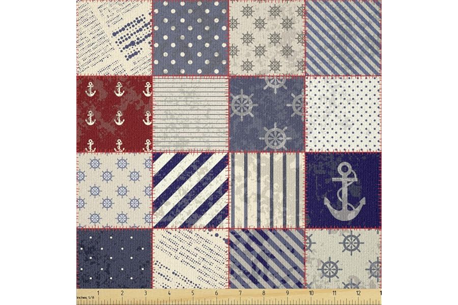 Lunarable Geometric Fabric by The Yard, Checkered Pattern Pale Nautical Design Elements Grunge Effect, Stretch Knit Fabric for Clothing Sewing and Arts Crafts, 1 Yard, Navy Blue Beige