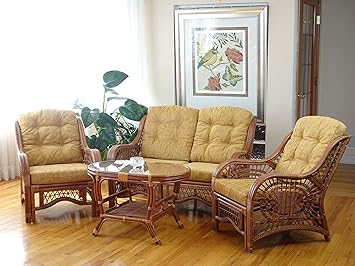 Amazon Com Malibu Lounge Set Of 4 2 Natural Rattan Wicker Chairs Loveseat With Light Brown Cushion And Coffee Table W Glass Handmade Colonial Furniture Decor