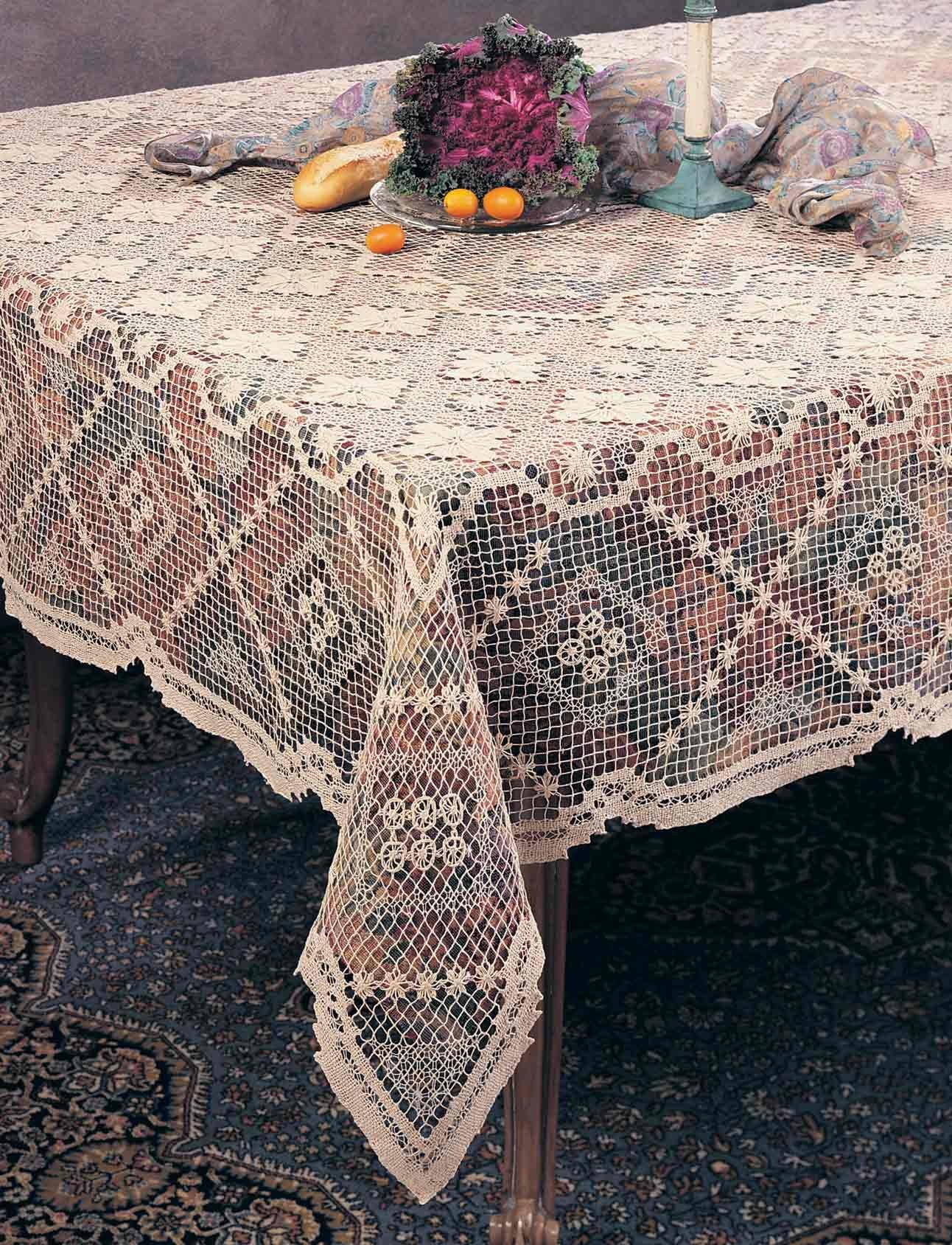 TCC Handmade, All-Over Tuscany Lace Tablecloth. 100% Cotton Knitted. Ecru, 72 Inch X90 Inch Oblong. One Piece