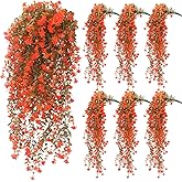 FineCheer 6 Pcs Spring Artificial Hanging Flowers Outdoor Faux Silk Mum Plant Decor Violet with Eucalyptus Realistic UV Resistant Trailing Vine Spring Porch Yard(Fresh Color,Plastic Style)