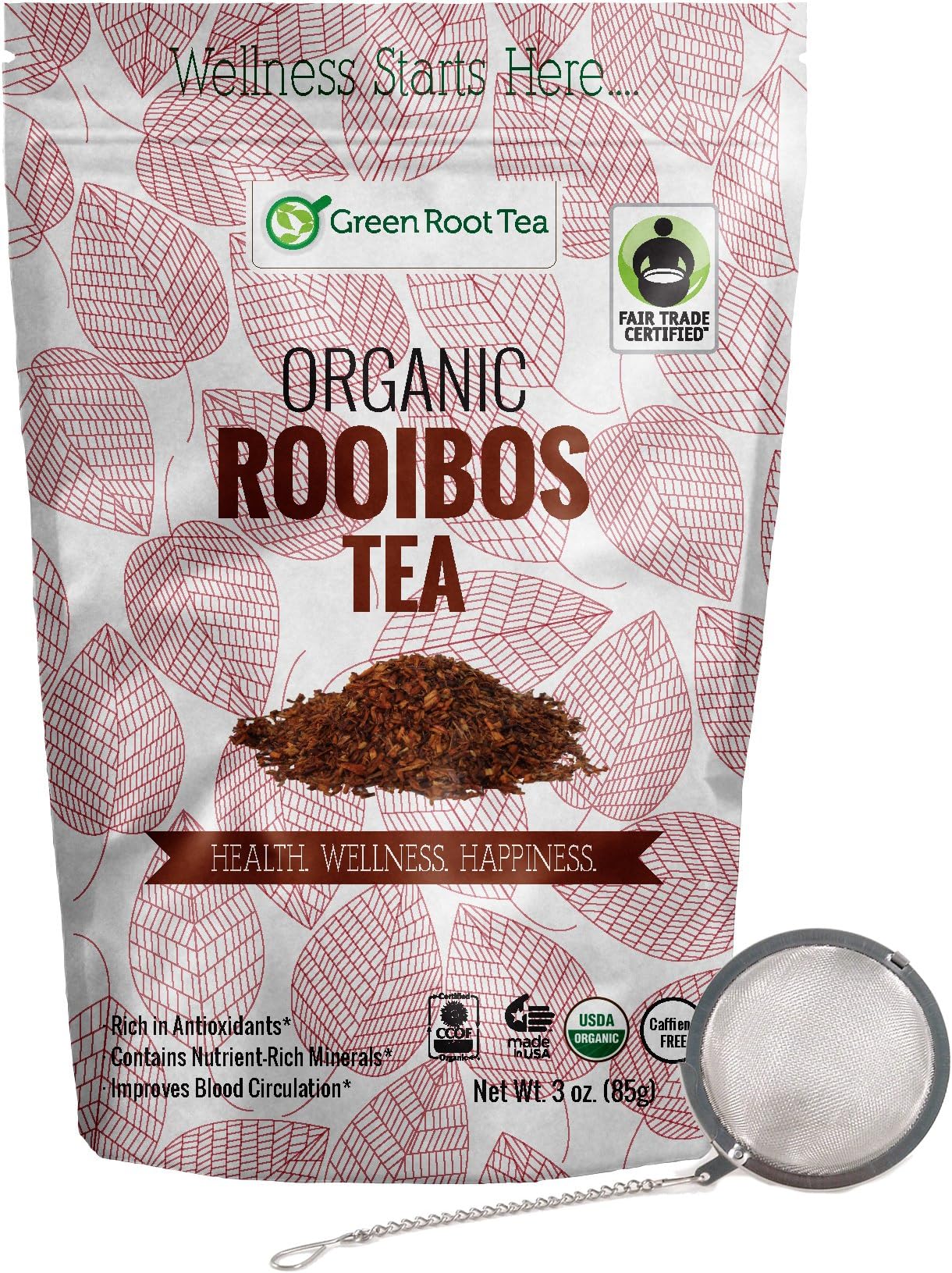 Organic Rooibos Tea - Certified Fair Trade Red Tea - Caffeine Free. 100% Pure. Single Origin - Green Root Tea (3 oz. Bag)