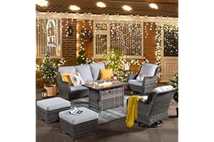 XIZZI Outdoor Swivel Rocking Chairs Patio Furniture Set with 50,000 BTU Rectangular Propane Fire Pit Table 7 Pieces High Back Conversation Sofa and Matching Side Table,Grey Rattan Grey Cushion