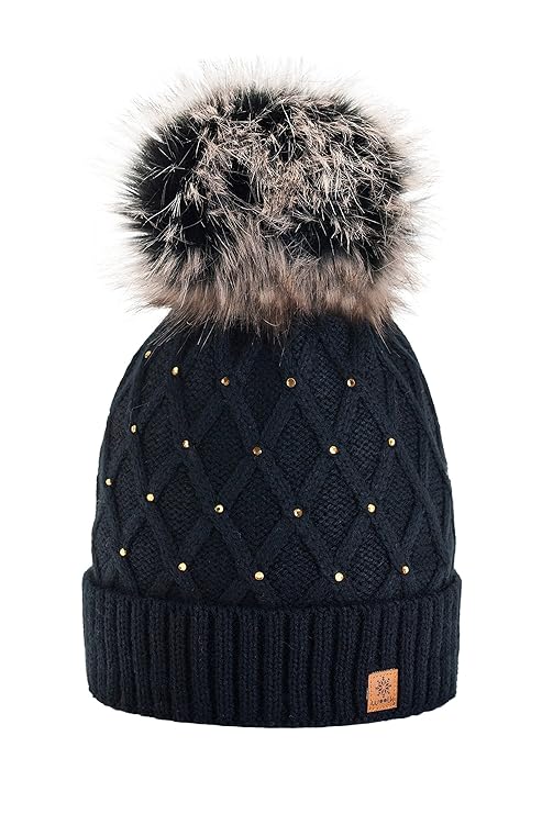 morefaz Wurm Winter Strickmütze Mütze Damen Kristalle Kiesel mit Große Pelz Bommel Pompon l SKI (MFAZ Ltd)