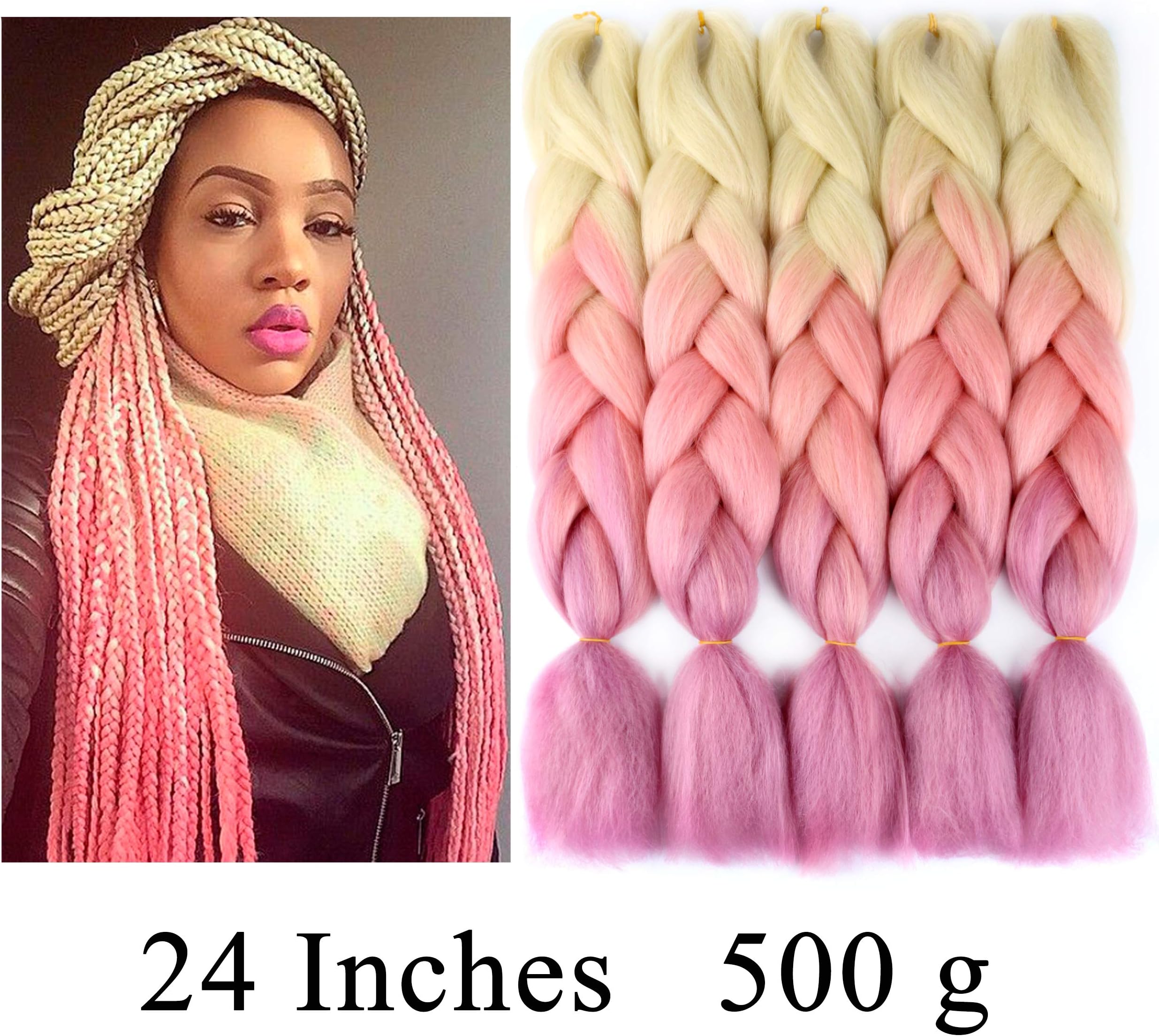 VCKOVCKO Ombre Jumbo Braiding Hair Extension Synthetic Kanekalon Fiber for Twist Braiding Hair,Kanekalon Jumbo Box Braiding Hair 24",5 Bundles/Lot,613-Pink-Purple