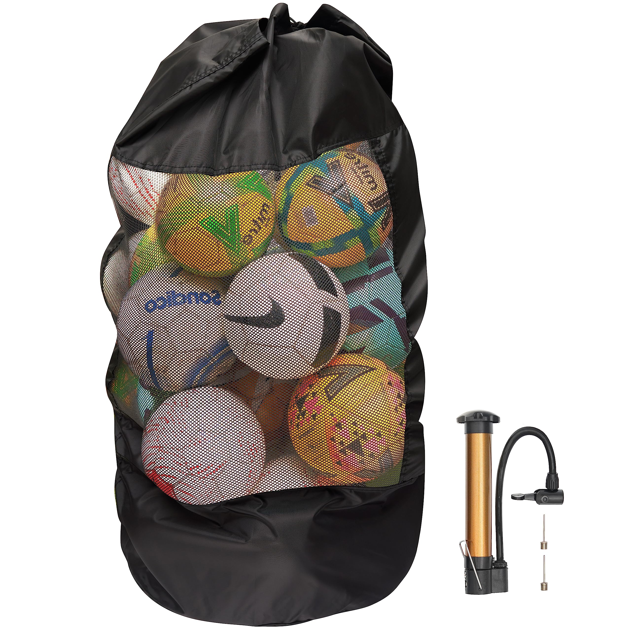 Bramble Mesh Net Drawstring Ball Bag with Adjustable Straps & Ball Pump - Heavy Duty Extra Large - 15 Football, Basketball, Netball & Rugby Ball Capacity - 110 x 50 cm