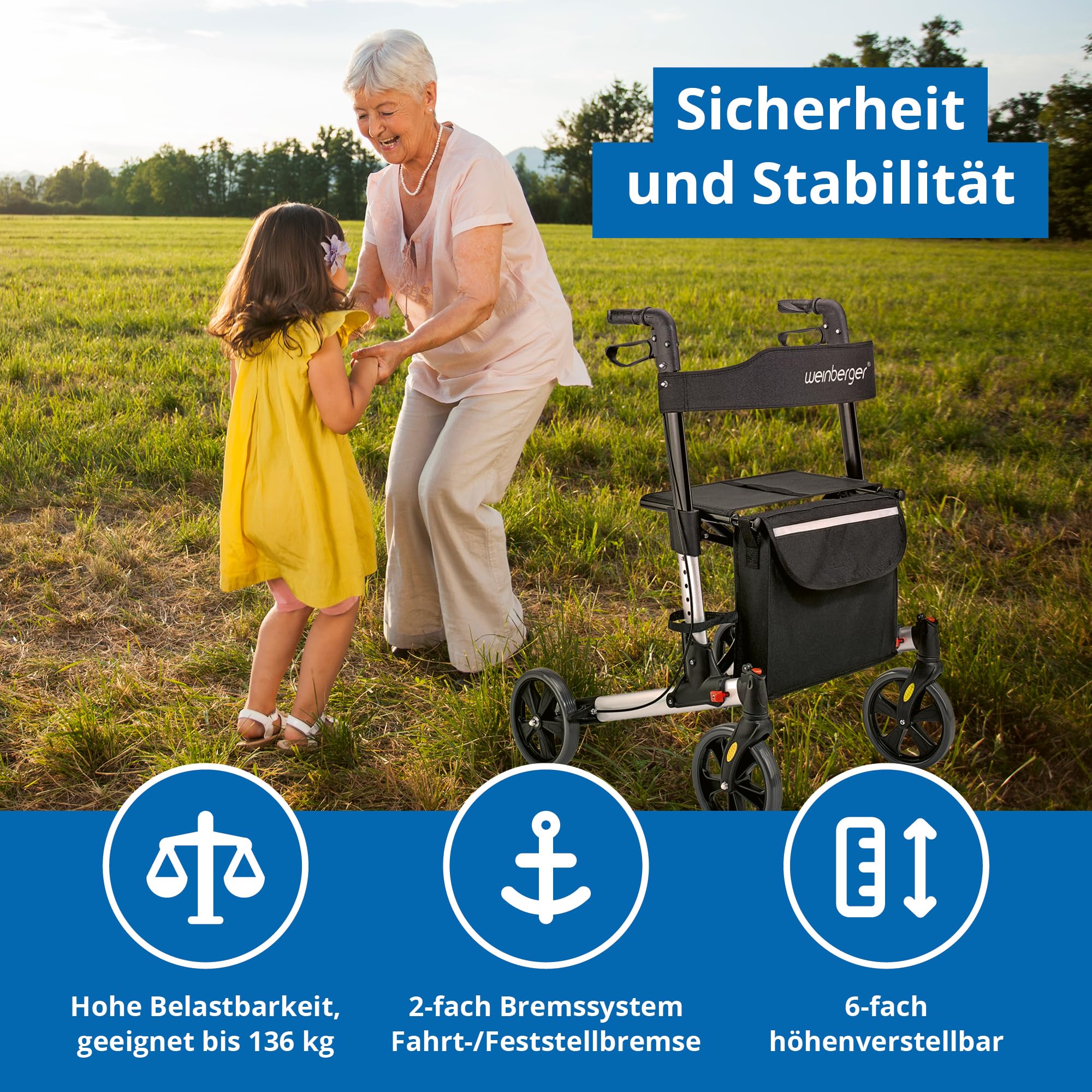 Weinberger Alu-Rollator, 3-fach faltbar, klein, klappbar, einfach, leicht Transport, Medizinprodukt Klasse 1, für Drinnen und Draußen, Leichtgewicht: 7,6 kg, Gehwagen, Gehhilfe, 02394 4