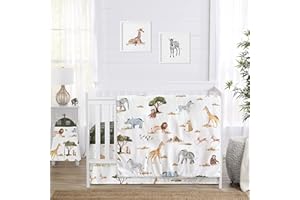 Sweet Jojo Designs 4-Piece Baby Crib Bedding Set (Jungle Animals) for Girls/Boys, Infants/Nursery incl. Blanket, Fitted Sheet, Skirt, Diaper Stacker (Wildlife, Safari, Animal, Gray Elephant, Giraffe)