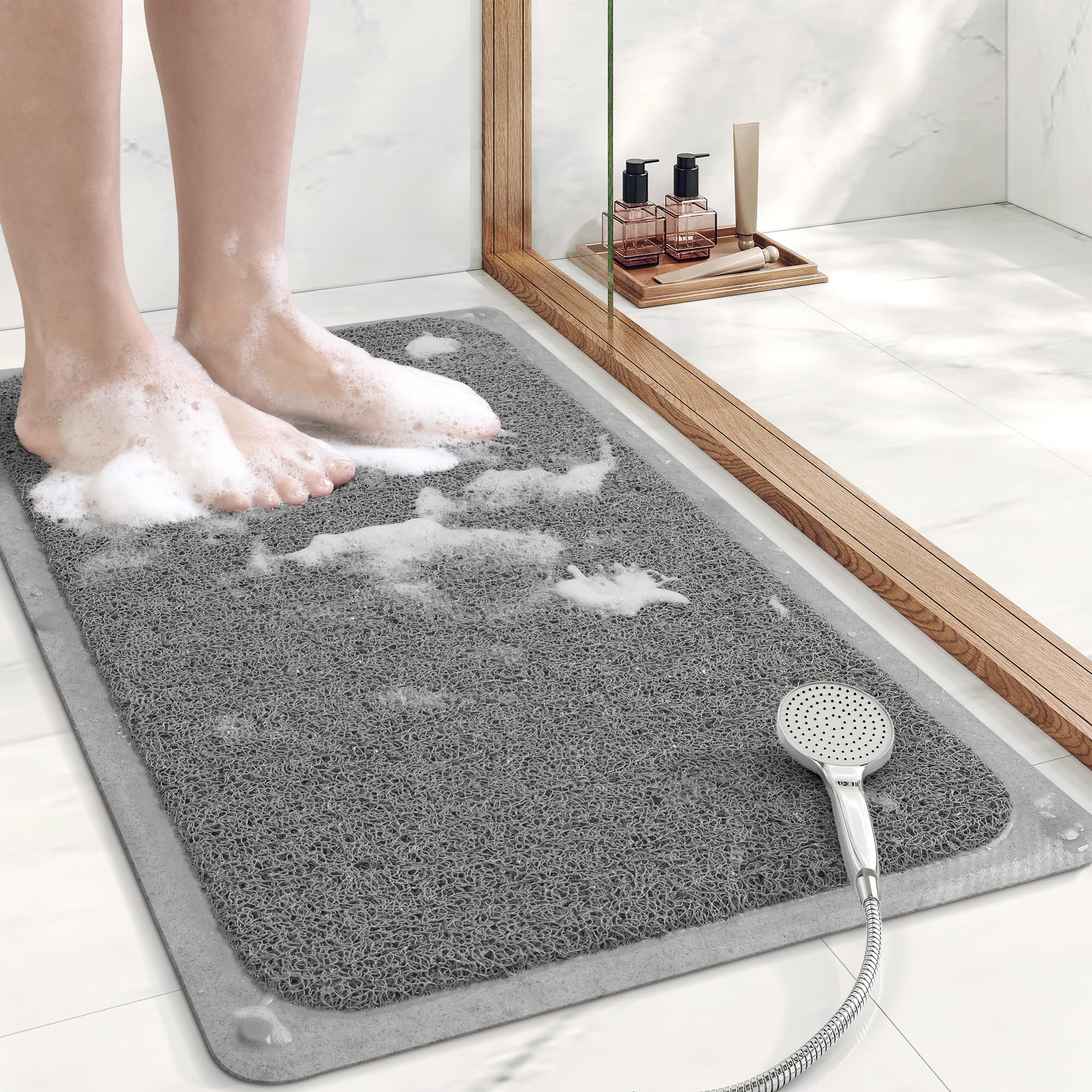 Mecko Non-Slip Shower Mat, Anti-Slip Bath Mat with Suction Cups – Quick-Drying Loofah Texture for Tub with for Indoor and Outdoor Use, Bathtubs and Wet Areas (Grey, 17