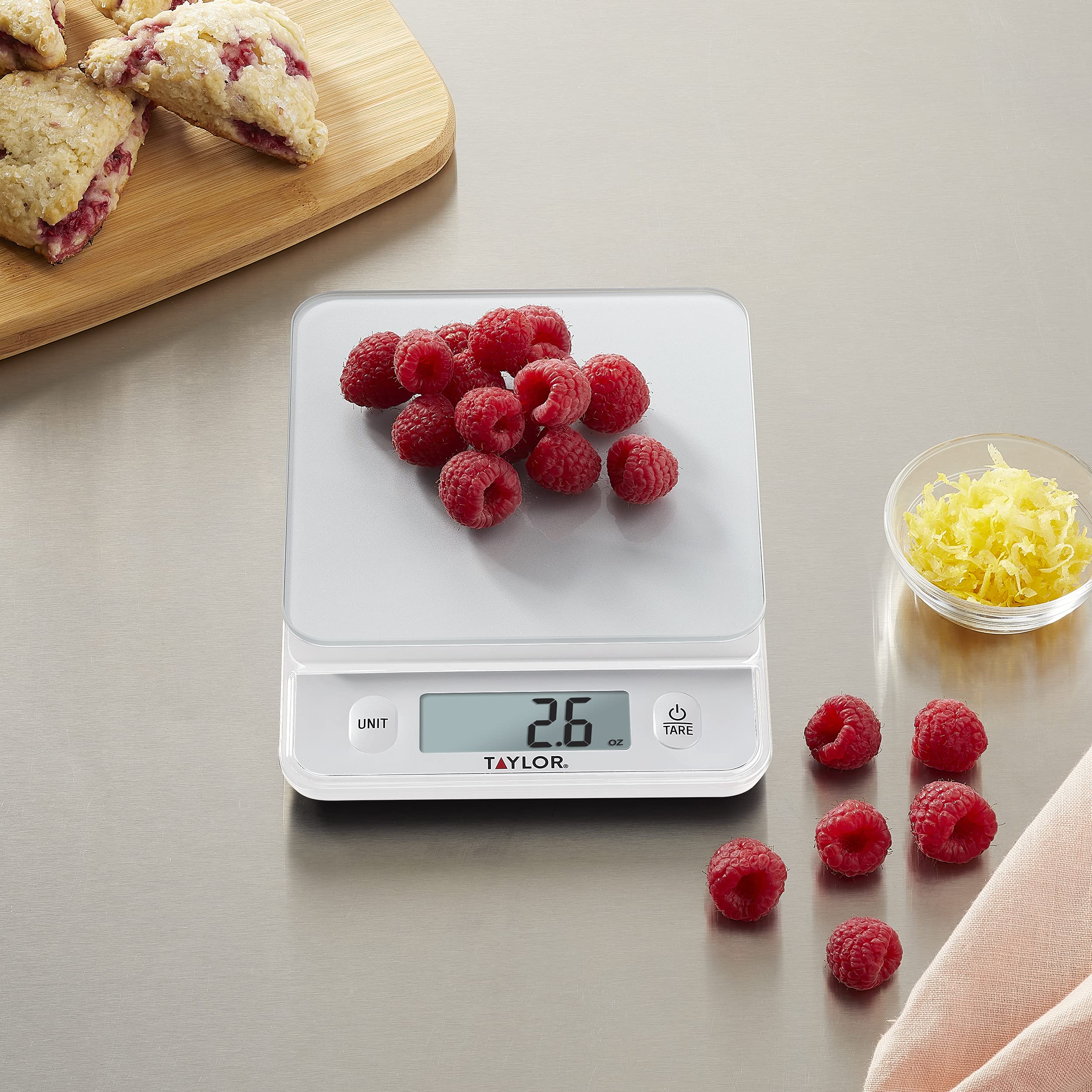 Taylor Glass Top Food Scale with Touch Controls, 11 lb Capacity, Sleek Silver Design, Accurate and Easy-to-Use Scale for Cooking and Baking