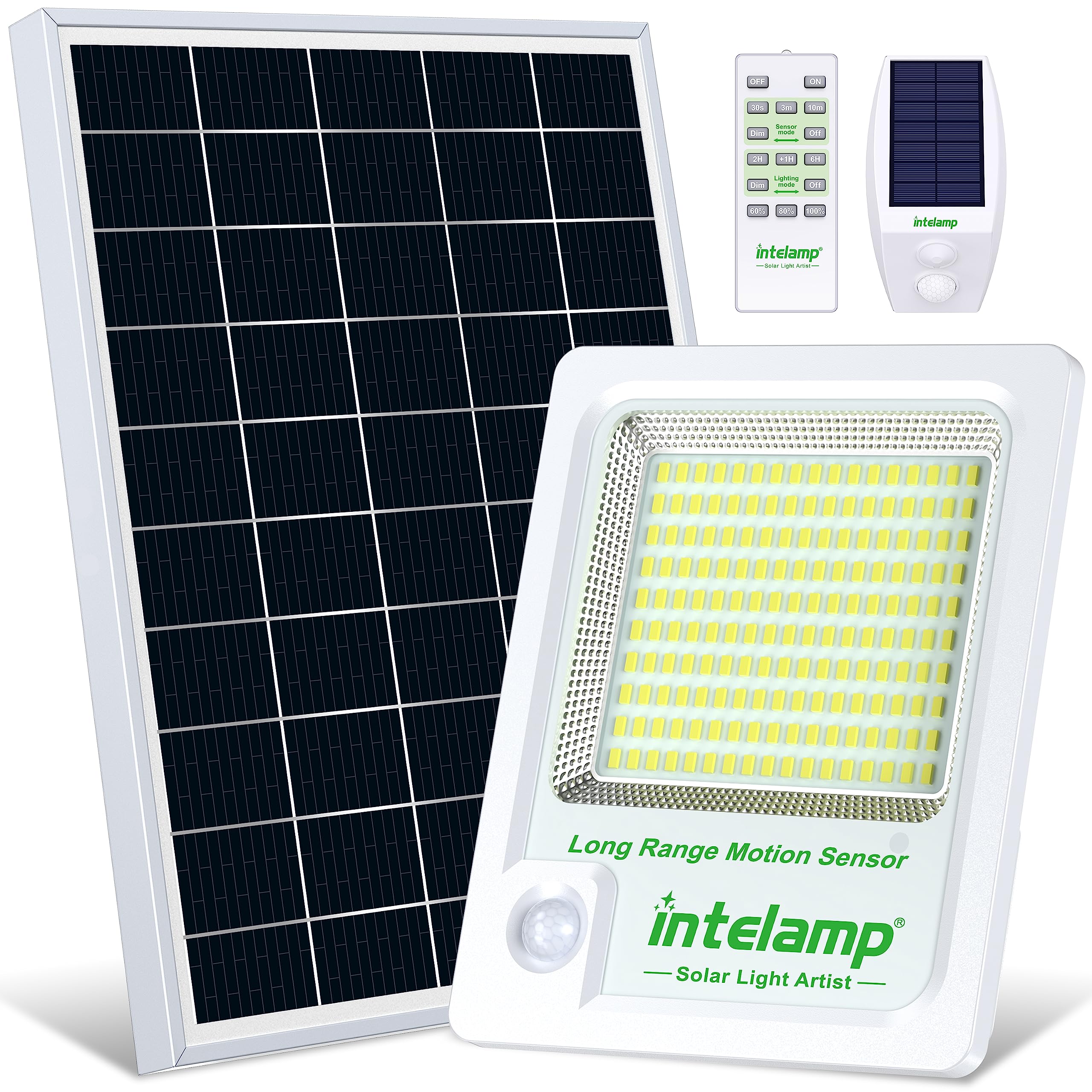 intelamp Solar Security Lights Outdoor 3000LM, IP65 Waterproof Motion Sensor Flood Light with Separate Trigger Sensor & Smart Linked Lighting， 12,000mAh Battery, 5M Cable for Garden, Garage, White — image 1