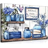 Wavkkey Navy Blue Farmhouse Bathroom Canvas Wall Art 12x16Inches | Blue Flowers and Butterflies Painting Picture Wall Decor Poster Print Artwork for Toilet Washroom Restroom