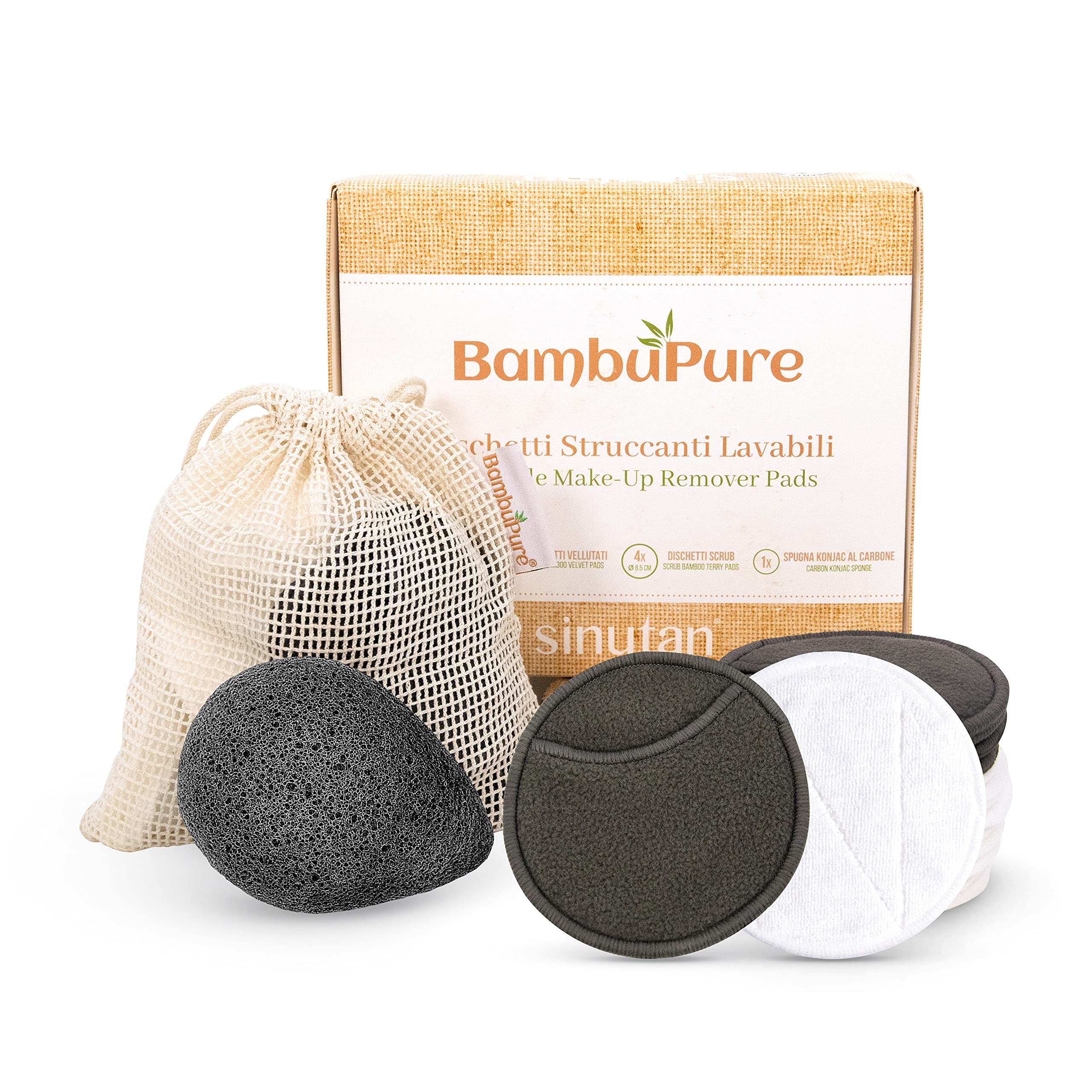 Sinutan® Washable Bamboo Makeup Remover Pads Reusable Bamboo Fibre and Cotton (16 Pieces, Free Black Konjac Sponge)