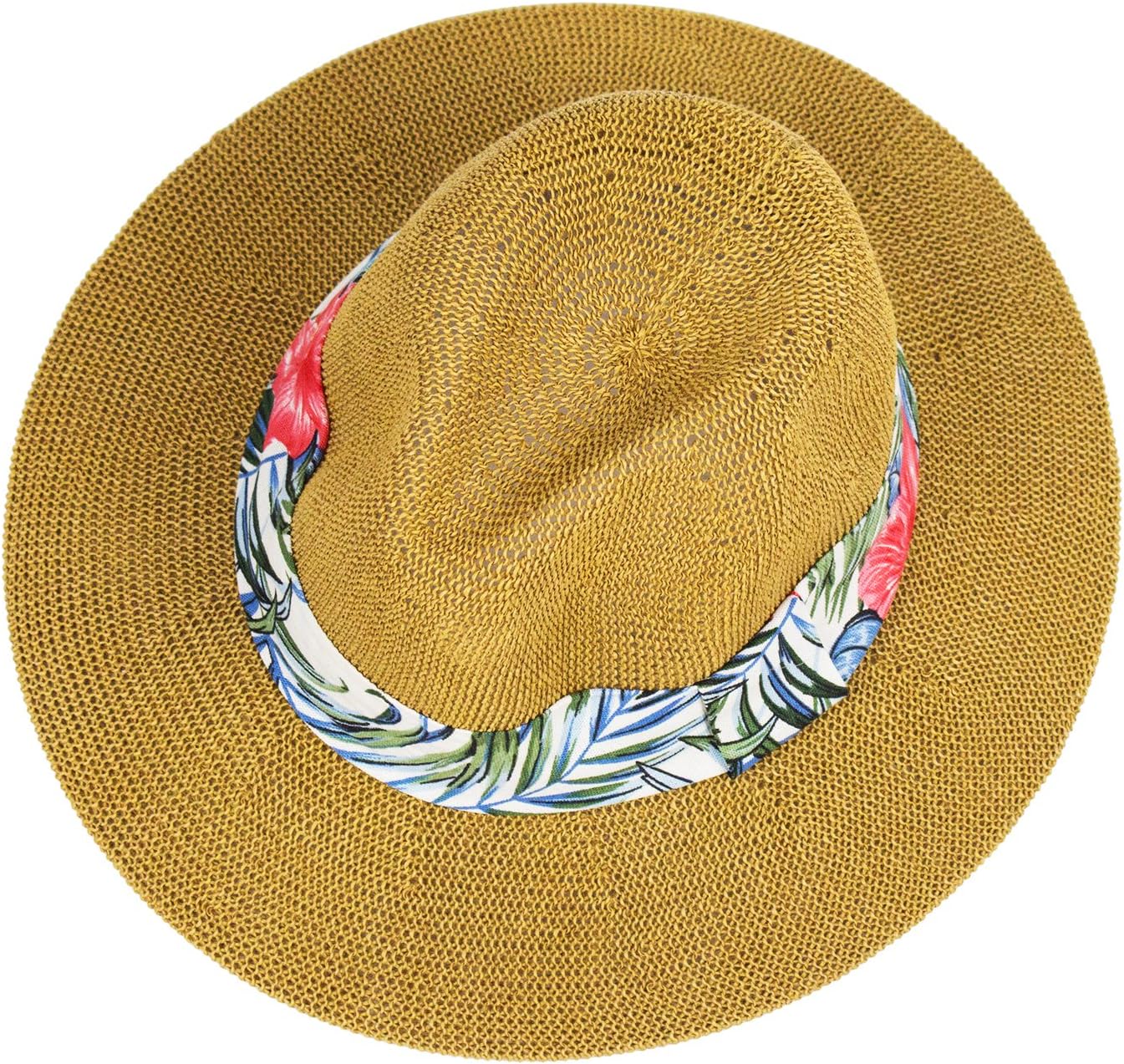 Choomon Women Straw Fedora Panama Sun Hat Wide Brim Stripe Band Summer Beach Cap