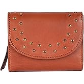VILENCA HOLLAND 4.5 inch Genuine Italian Leather Boho Studded Trifold Double Flap Closure Wallet – Zipper Coin Purse & Credit Card Holder for Women (Cognac)