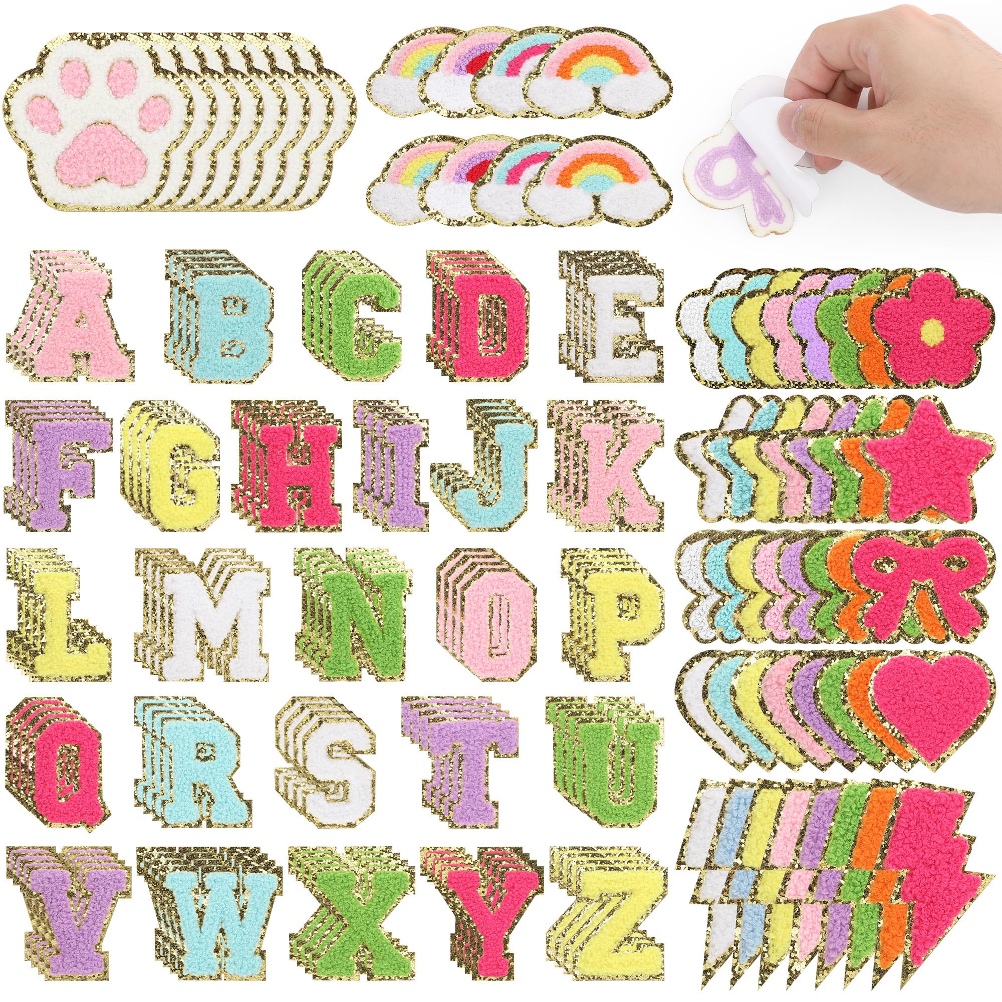 Photo 1 of 160 Pcs Chenille Embroidered Patches - Self Adhesive 104 A-Z Varsity Letters (4 Each) & 56 Glitter Shapes Iron-On Fabric Stickers for DIY Clothing Repair, Hats, Backpacks, Jackets, Bags