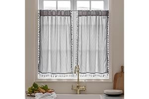 VOILYBIRD Kitchen Window Curtains Over Sink 36 Inch Length Boho Tassel Tiers Cafe Curtains Zigzag Design, 2 Panels, Grey