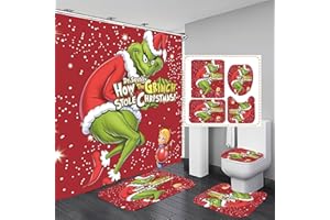 CYICGGY Christmas Shower Curtain Sets for Bathroom, 4Pcs Xmas Shower Curtain/Non-Slip Bathroom Rugs/Lid Toilet Cover/Bath Mat, Merry Christmas Funny Santa Claus Elk Snowman Carpet Decor(Christmas - 004)