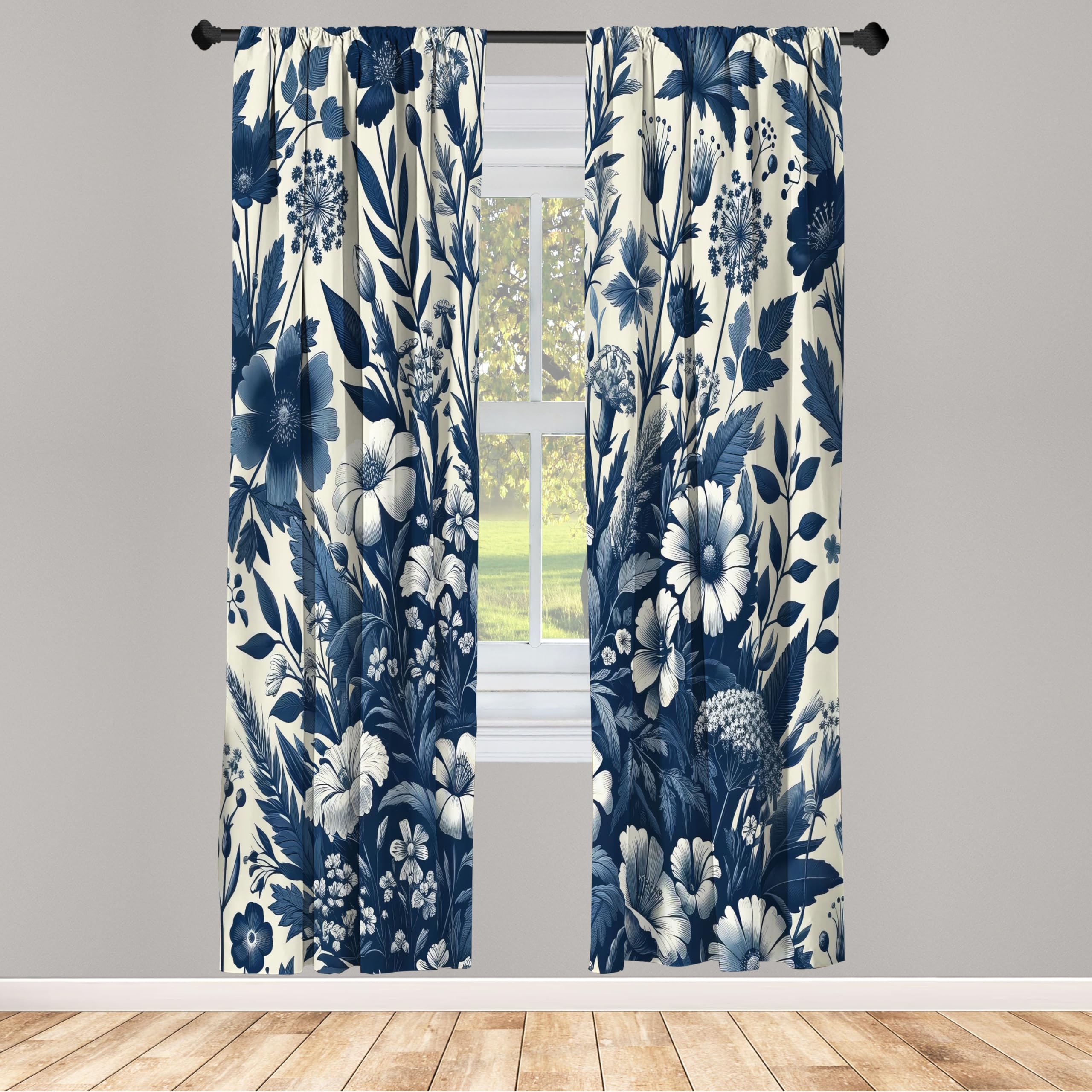 ABAKUHAUS Navy Blue Window Curtains Pack of 2, Vintage Style Cottagecore Spring Night Floral Arrange Wildflowers, Lightweight Set & Rod Pocket, 4 Panels of - 28" x 95", Dark Slate Blue Coconut