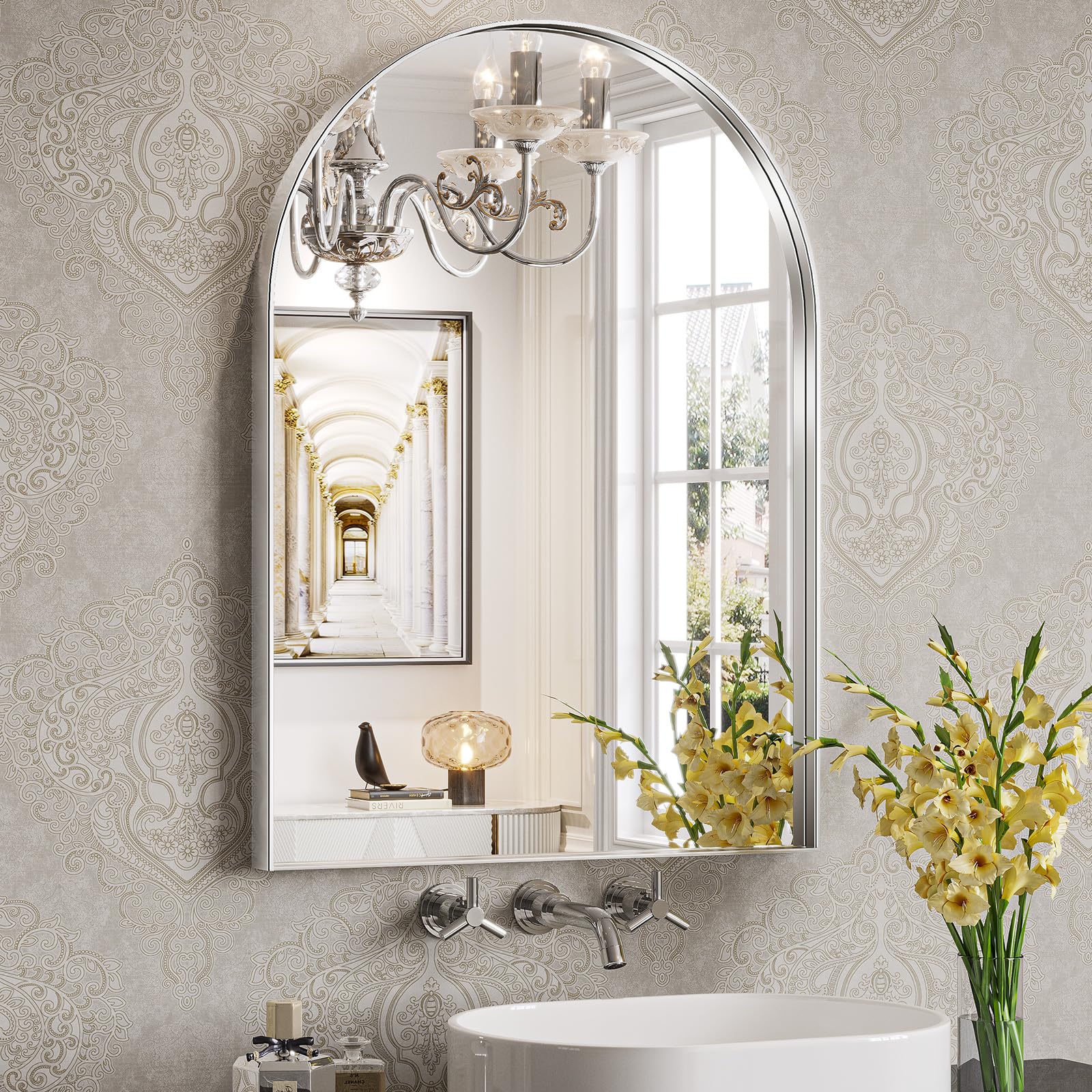 Brightify Arched Wall Mirror - 22 x 30 Inch Metal Frame Silver Arch Top Vanity Mirror for Bathroom, Living Room, Bedroom Mantel Entryway Hallways Image
