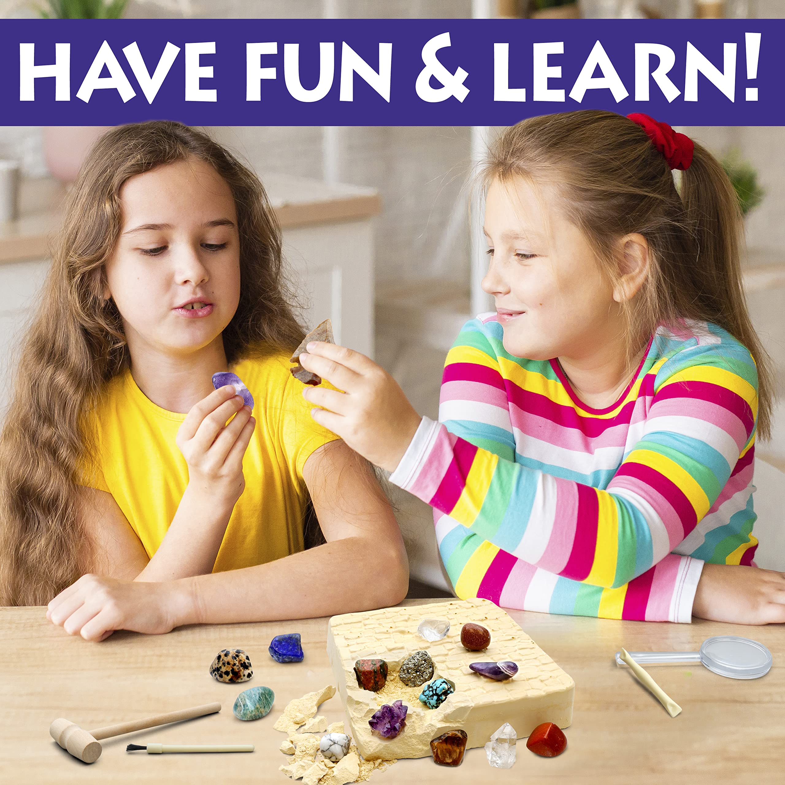 DANCING BEAR Gem stone Dig Kit, Excavate 16 Real Gems & Crystals including Arrowheads, Quartz Point and Amethyst, STEM Education for Kids, Fun Rock Mining Science Activity Gift Sets for Girls and Boys