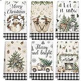 HEIFAM Green Xmas Christmas Kitchen Towels 6 Pcs, Christmas Hand Towel for Bathroom, Holiday Kitchen Towel, Snowman Tea Dish Towels, Snowflake Gloves Decor Gray Strips, Housewarming Gift, 17 X 26in