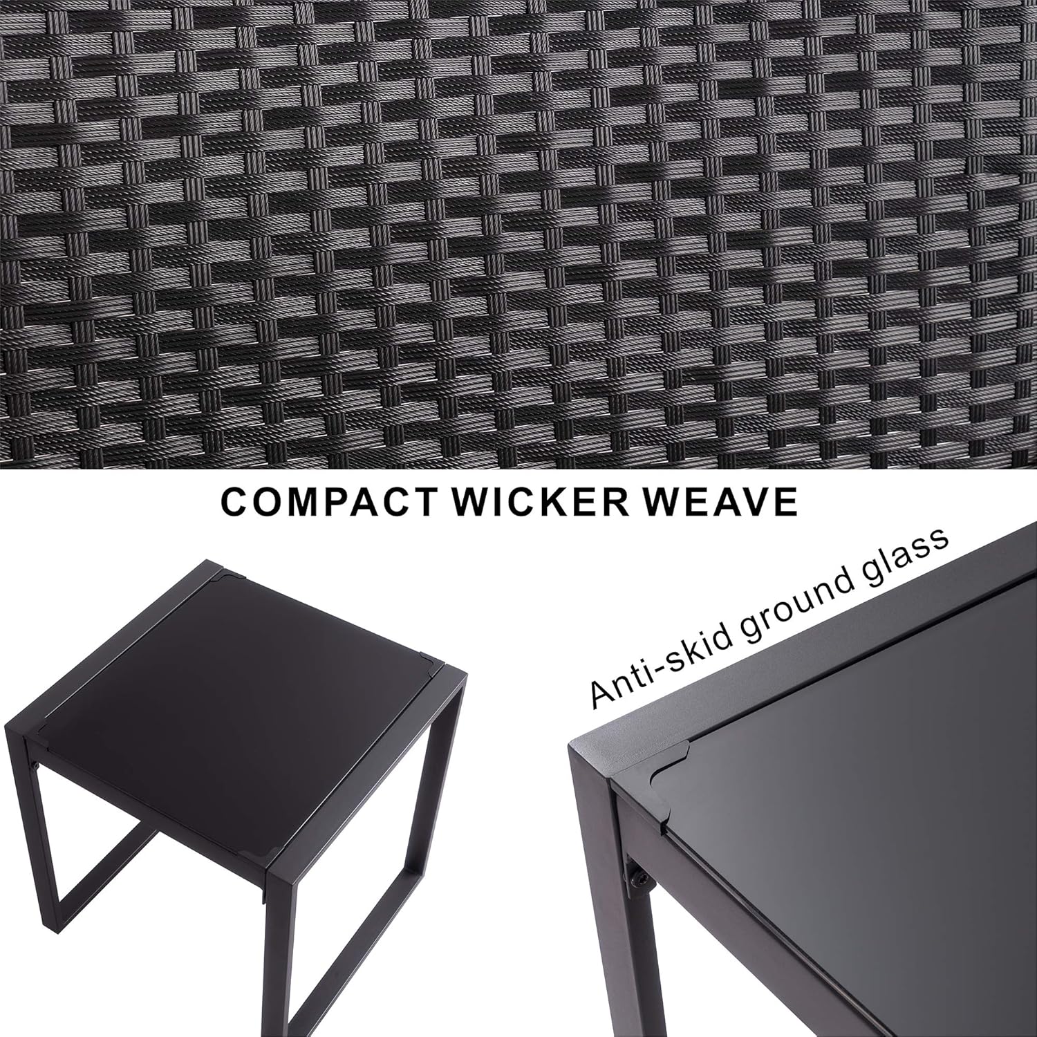 SUNLEI Outdoor 3-Piece Bistro Set Black Wicker Furniture-Two Chairs with Glass Coffee Table (Beige Cushion): Garden & Outdoor