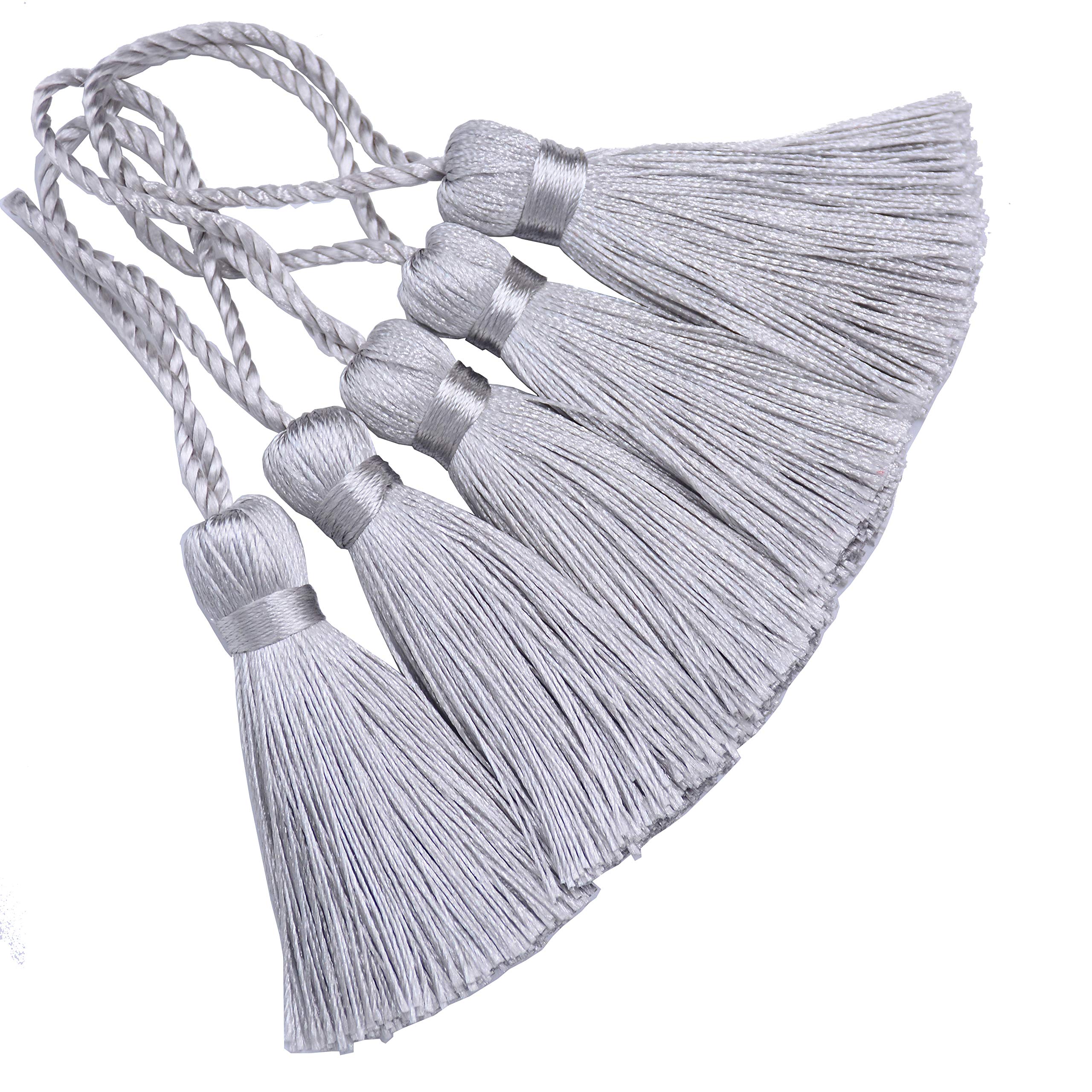 Makhry 20pcs 4.3 Inch Handmade Silky Floss Mini Tiny Craft Tassels with 2-Inch Cord Loop and Small Chinese Knot for Earrings, Souvenir, Bookmarks, DIY Craft Accessory,Tags (Silver Grey)