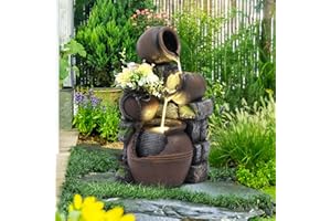 TOBYUL 4-Tiers Garden Waterfall Fountain Outdoor - Water Fountains and Waterfalls, Outdoor/Indoor Floor Standing Resin Water Fountain with LED Light for Patio, Garden and Backyard, Deck, Porch, Home