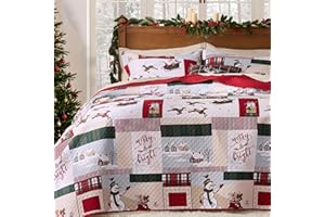 PPOLCA Christmas Queen Quilt Bedding Set, Snowman Printed Lightweight Reversible Bedspread Coverlet, 3-Piece Bed Cover Quilt with 2 Pillow Shams for All Season, Red