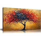 CANEITO Tree Wall Art for Living Room, Red Blue and Gold Wall-Decor for Bedroom, Natural Canvas Prints Pictures for Hallway Office, Size 40x20 Inches