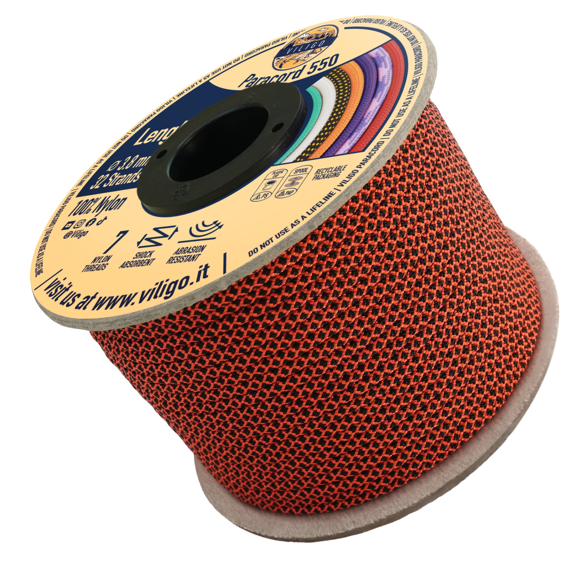 VILIGO Paracord 550 - Type III (3.8 mm) - Nylon Braid, 7 Inner Strands, Ideal for Camping, DIY Projects, Bracelet Making and Accessories (50 m, Amber)