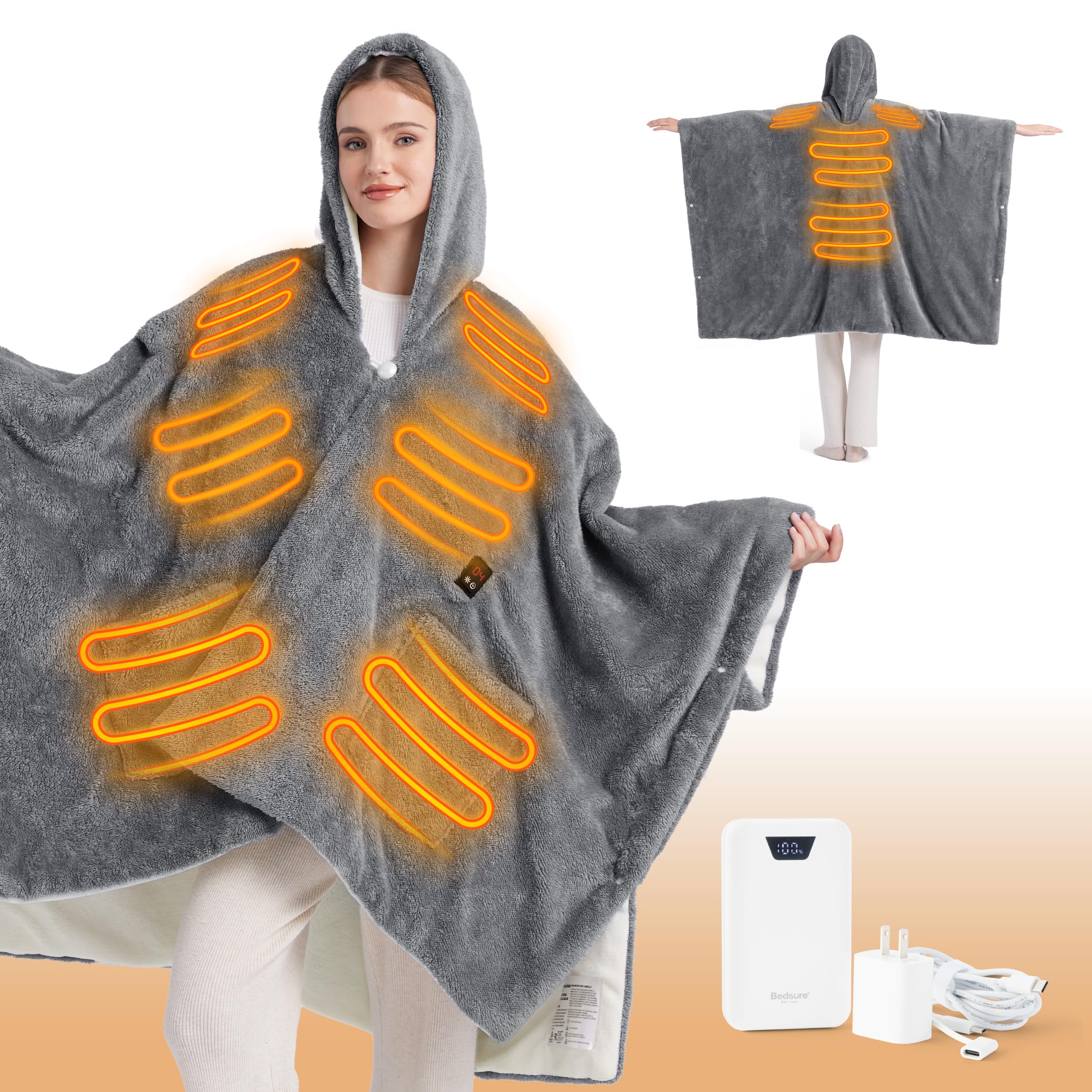 Photo 1 of *NONFUNCTIONAL** Bedsure Cordless Heated Blanket - Fluffy Electric Wearable Blanket Hoodie with 20000mAh Battery Pack, Portable USB Heated Shawl as Winter Gifts for Women Mom, 4 Heat Levels & 4 Timers, 55"x69", Grey