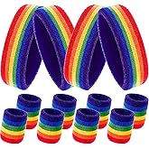 12 Pcs Rainbow Terry Cloth Sweatbands Set for Men & Women - 4 Striped Headbands, 8 Wristbands for Sports, Gym, LGBT Pride Parades (Rainbow)
