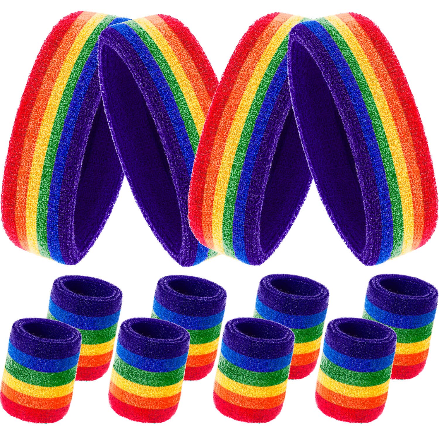 Bememo 12 Pieces Striped Sweatbands Set, Includes 4 Pieces Sports Headband and 8 Pieces Wristbands Sweatbands Colorful Cotton Striped Sweatband Set for Men and Women（Rainbow Set 4, 12 Pieces