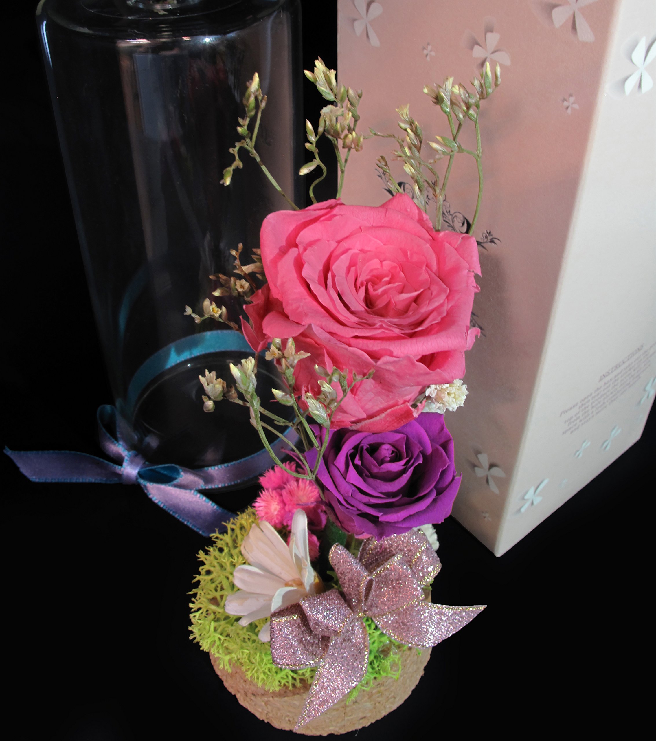 JR Real Rose Elegant Glass Bottle Preserved Flower "Forever Love" Gift Box Last for 3 Years (Hot Pink&Purple)