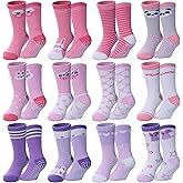 DOSKONI Toddlers Girls Non Slip Grip Socks - Cotton Crew Socks with Grippers 12 Pairs