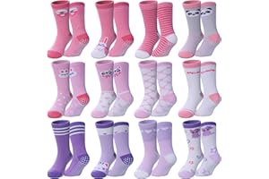 DOSKONI Toddlers Girls Non Slip Grip Socks - Cotton Crew Socks with Grippers 12 Pairs