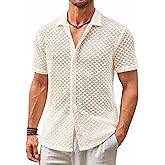 Runcati Mens Button Down Knit Shirt Short Sleeve Crochet Shirts Casual Hollow Out Summer Beach Vacation Tops