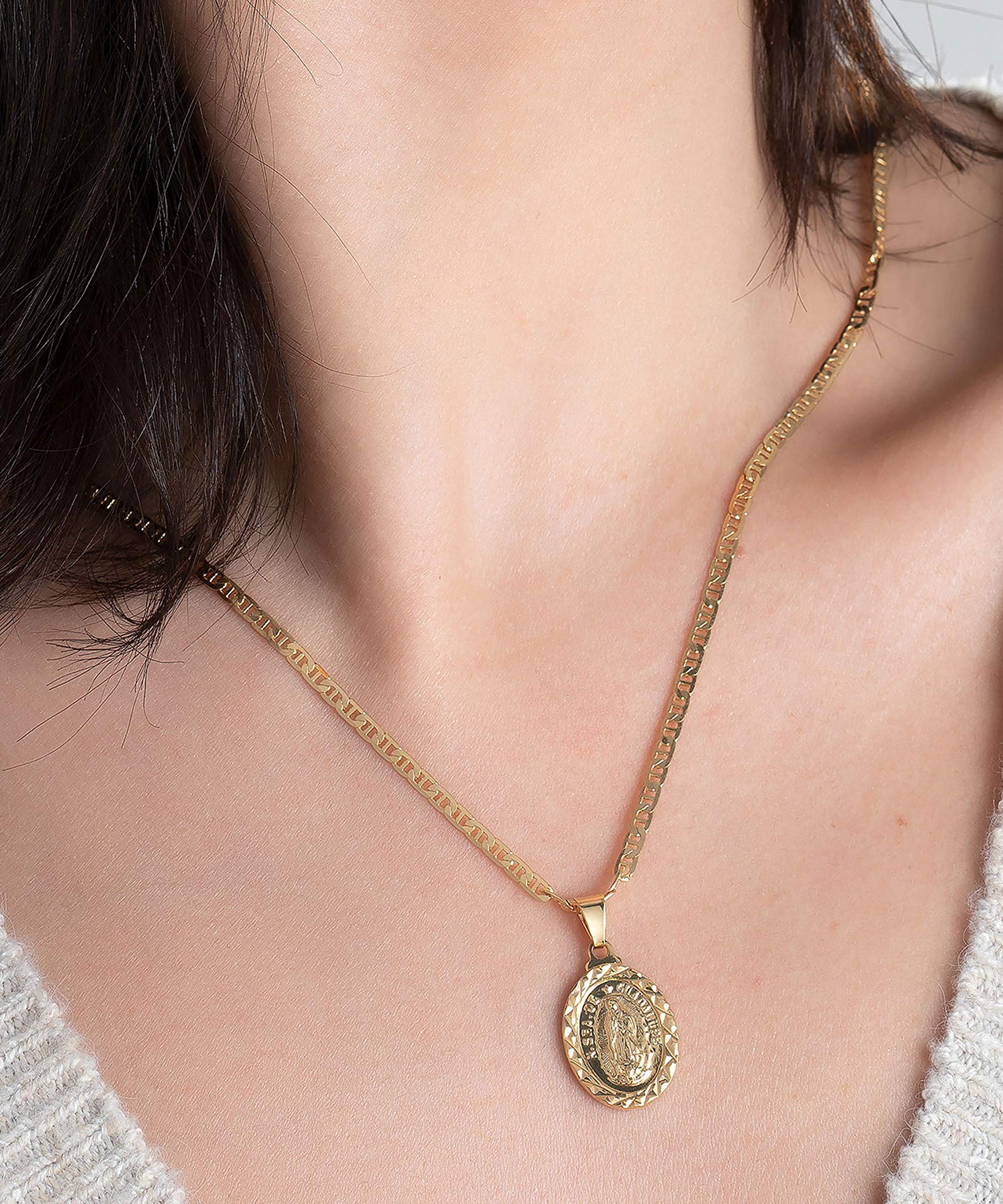 Barzel 18K Gold Plated Flat Mariner/Marina 060 3MM Chain Necklace With Virgin Mary Guadalupe Charm Pendant